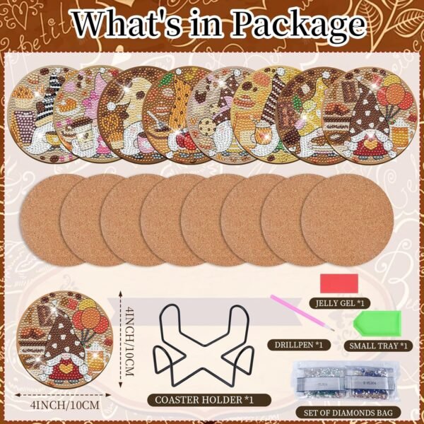 Gnome Diamond Art Kits - 8 Pcs Coffee Gnome Diamond Painting Coasters with Holder DIY Diamond Art Kits for Adults Gem Mosaic Diamond Art Costers for Adults Beginners Gift