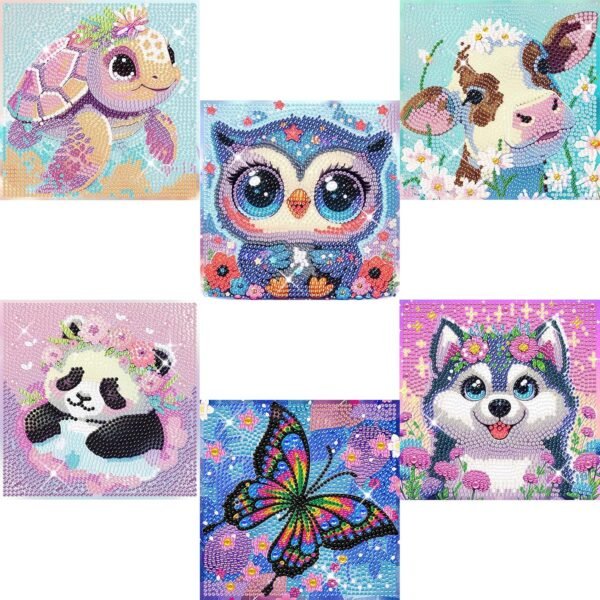 6 Pack 5D Cartoon Diamond Painting Kits for Kids, Cute Animals Diamond Art Kits for Kids Beginners, DIY Kids' Mosaic Kits Gem Art Dots Crafts for Girls Boys Ages 6-8-9-10-12, Home Wall Decor 6X6 Inch