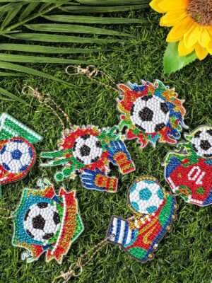 5D DIY Football Diamond Art Painting Keyrings Kit, Double-Sided Diamond Pasted Painting Keychians for Adult Kids, Rhinestone Mosaic Craft Painting Pendant for Handbag Backpack Party Decoration