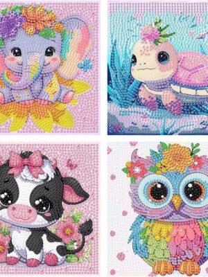 4 Pieces Cartoon Diamond Art Kits for Adults, Cute Animals DIY Diamond Art Painting for Adults Beginner, Mosaic Kits 5D Full Round Drill Gem Art for Home Wall Decor Kids 6X6 inch
