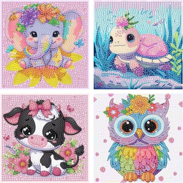 4 Pieces Cartoon Diamond Art Kits for Adults, Cute Animals DIY Diamond Art Painting for Adults Beginner, Mosaic Kits 5D Full Round Drill Gem Art for Home Wall Decor Kids 6X6 inch