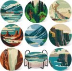 8 Pcs Diamond Art Coasters Kit with Holder Diamond Art Kits for Adults Beginners Small Diamond Painting Coasters Arts and Crafts for Adults Supplies Item Sets (Landscape)