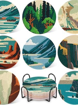 8 Pcs Diamond Art Coasters Kit with Holder Diamond Art Kits for Adults Beginners Small Diamond Painting Coasters Arts and Crafts for Adults Supplies Item Sets (Landscape)
