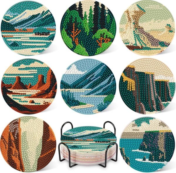 8 Pcs Diamond Art Coasters Kit with Holder Diamond Art Kits for Adults Beginners Small Diamond Painting Coasters Arts and Crafts for Adults Supplies Item Sets (Landscape)